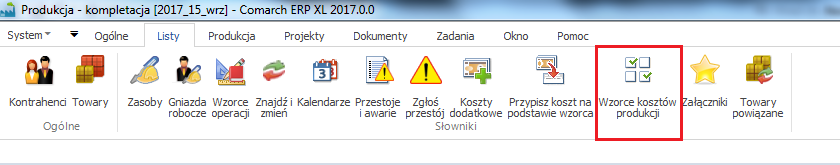 Opcja otwierania Listy wzorców kosztów produkcji