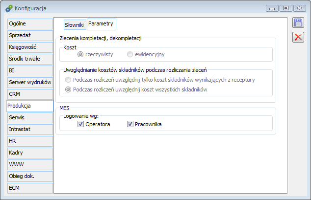 Konfiguracja zlecenia, zakładka: Produkcja/Parametry
