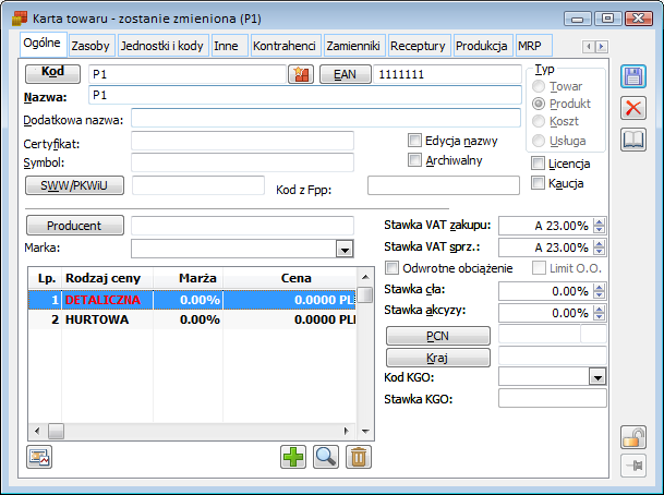 Karta towaru, zakładka: Ogólne