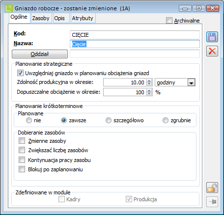 Parametry dotyczące planowania strategicznego w oknie: Gniazdo robocze