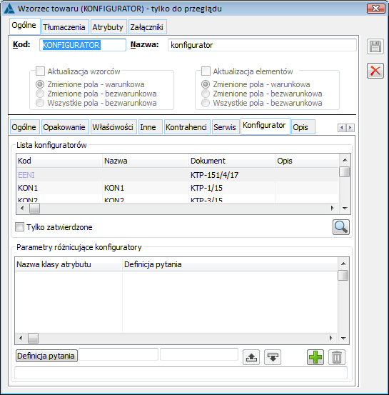 Okno: Wzorzec towaru, zakładka Konfigurator