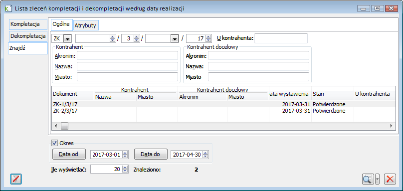 Lista zleceń produkcyjnych, zakładka: Znajdź