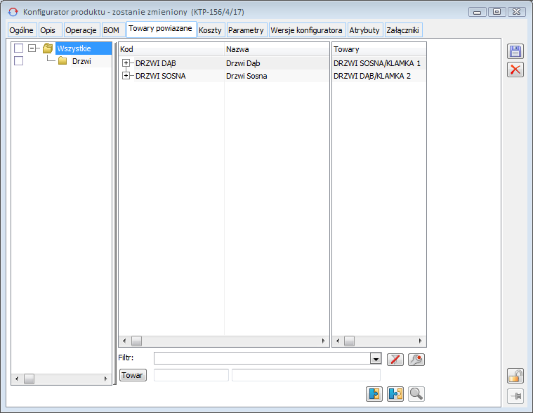 Zakładka Towary powiązane na Konfiguratorze produktu. Struktura powiązań oraz opcje dołączania/odłączania powiązania grup surowców