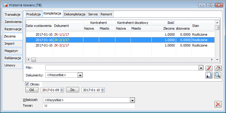 Historia towaru, zakładka: Zlecenia/Kompletacja