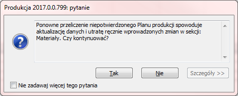 Komunikat wyświetlany podczas ponownego przeliczania PP