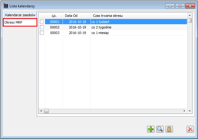 Lista kalendarzy, zakładka Okresy MRP