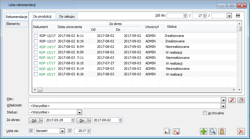 Lista dokumentów rekomendacji do produkcji