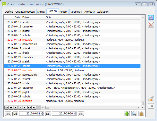 Lista dni wyświetlana dla obiektu, po zaimportowaniu nieobecności z Comarch ERP Optima