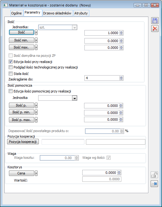 Materiał w kosztorysie, zakładka: Parametry