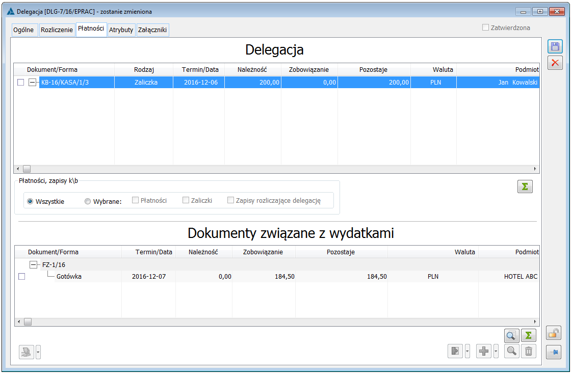 Delegacja, zakładka Płatności