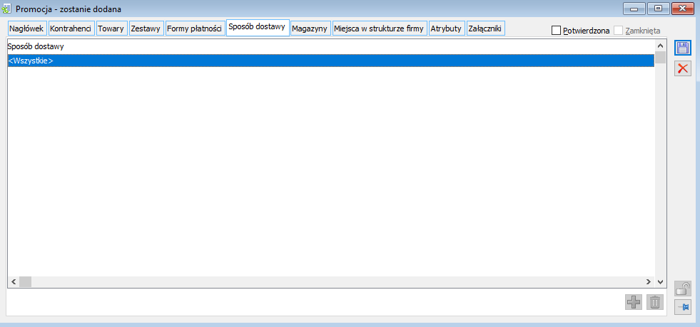 Promocja typu PRM, zakładka: Sposób dostawy.