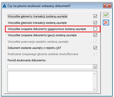 Opcje anulowania dokumrentu handlowego sprzedaży- bez anulowania dokuentu WM/ZWM