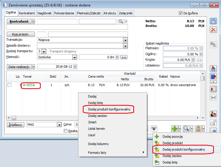 Dodawanie produktu konfigurowalnego na zamówienie sprzedaży