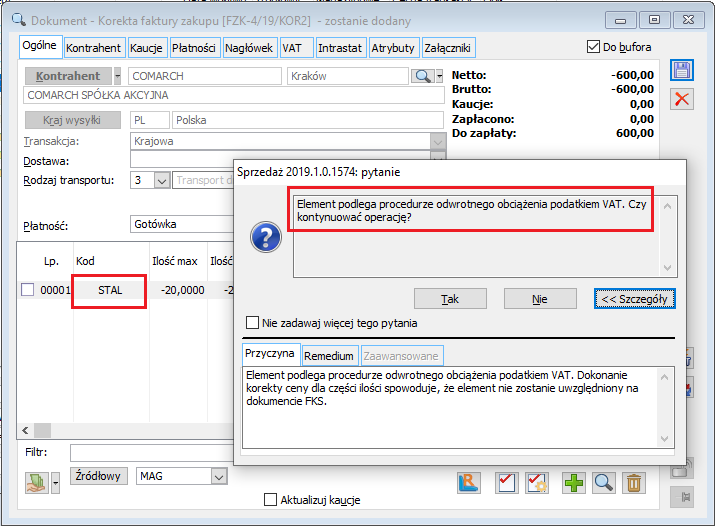 Ostrzeżenie podczas korekty I/C transakcji podlegającej procedurze odwrotnego obciążenia