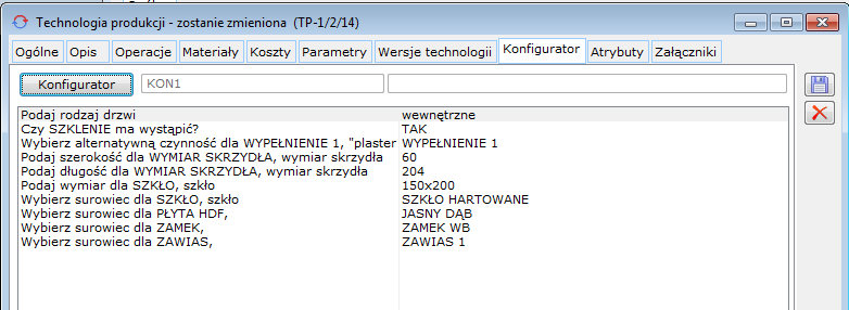 Lista odpowiedzi udzielonych podczas konfiguracji produktu