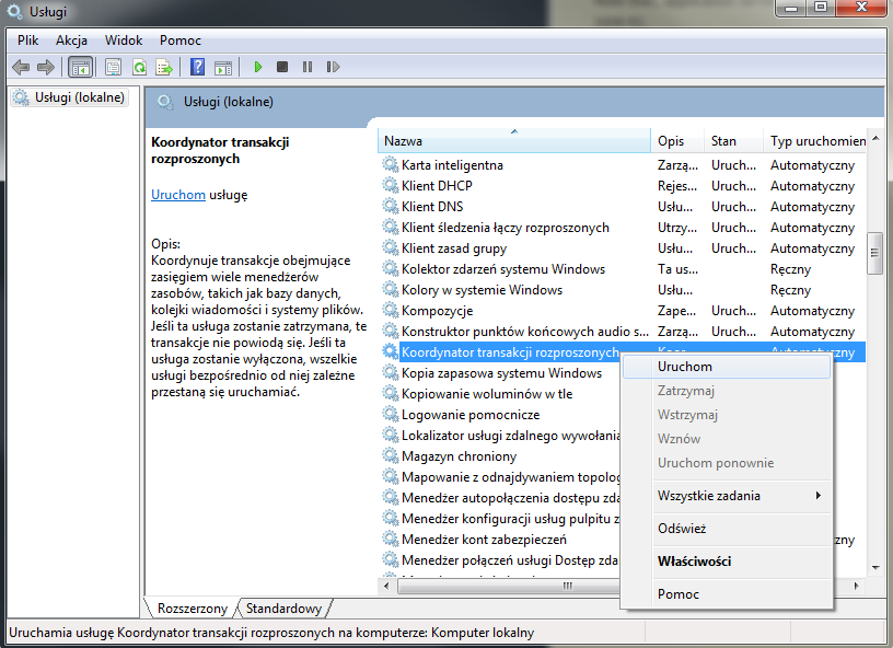 Uruchomienie usługi: Koordynator transakcji rozproszonych
