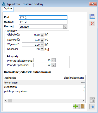 Typ adresu, w którym definiuje się zdolności magazynowe adresów oraz określa jednostki składowania, w jakich towar jest przyjmowany.