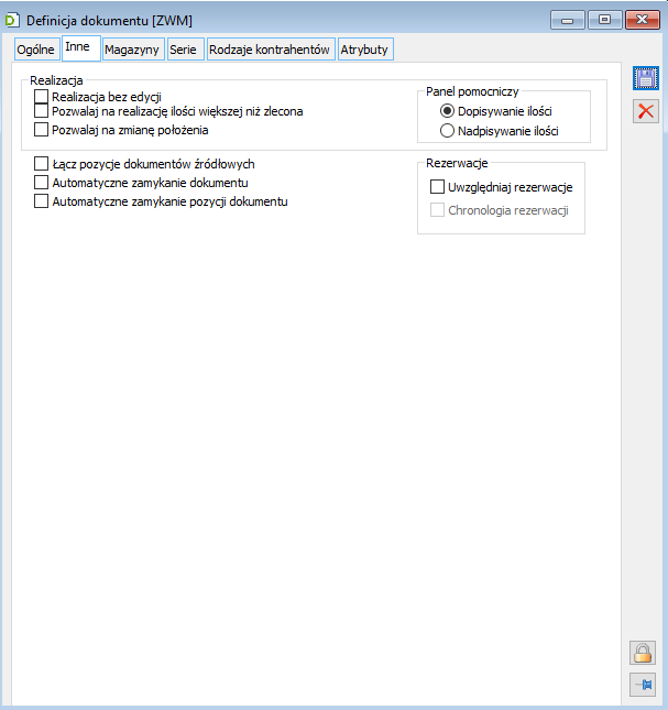 Definicja dokumentu ZWM, zakładka Inne.
