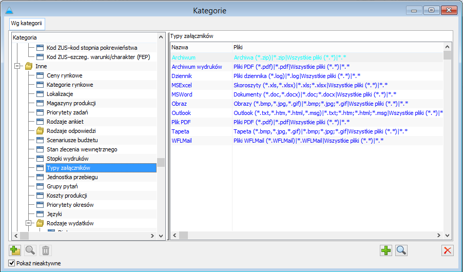  Administracja systemu, okno Kategorie, gałąź: Inne, Typy załączników