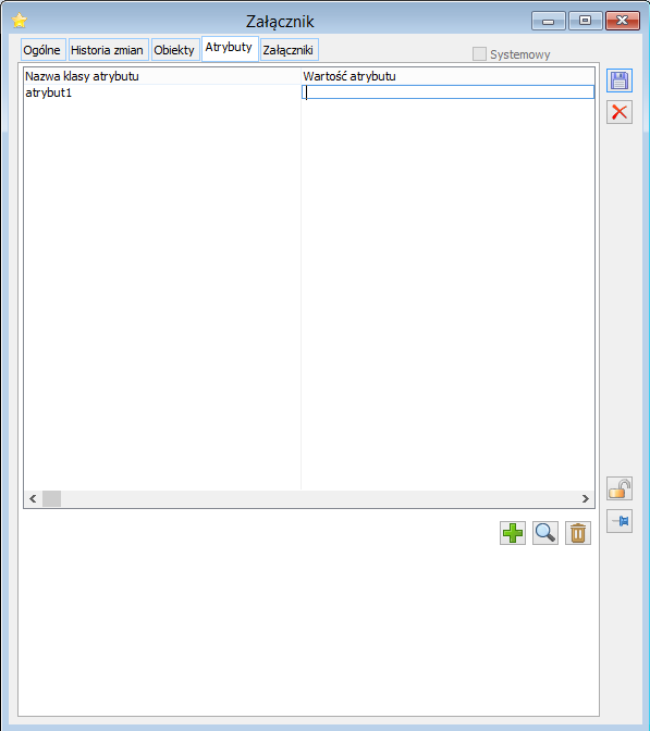 Właściwości załączników, zakładka: Atrybuty