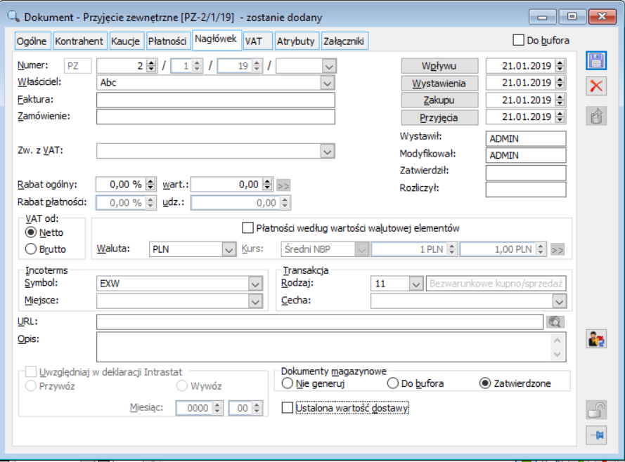 Parametr Ustalona wartość dostawy dla dokumentu zakupowego. Modyfikacja parametru możliwa jest po odznaczeniu parametru Do bufora.