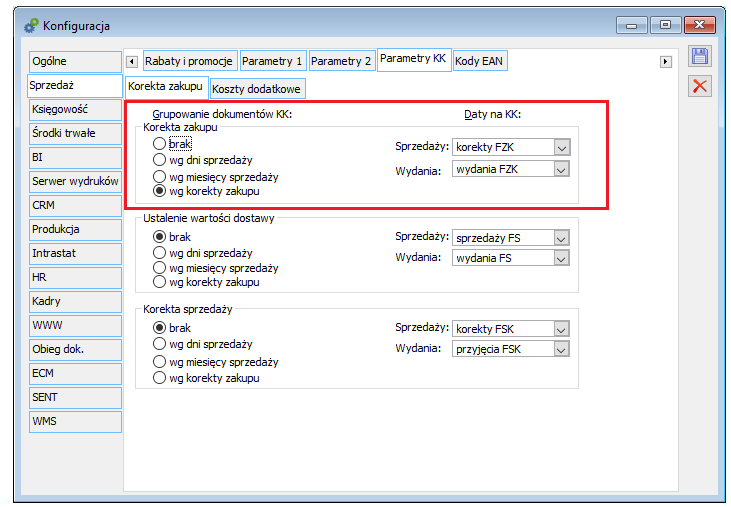 Parametryzacja grupowania i ustalania daty na Korekcie kosztu generowanej z tytułu korekty zakupu