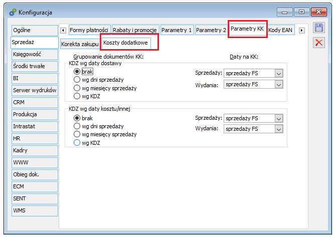 Parametryzacja grupowania i ustalania daty na Korekcie kosztu generowanej z tytułu KDZ