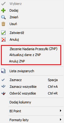 Operacje dotyczące Zleceń Nadania Przesyłki