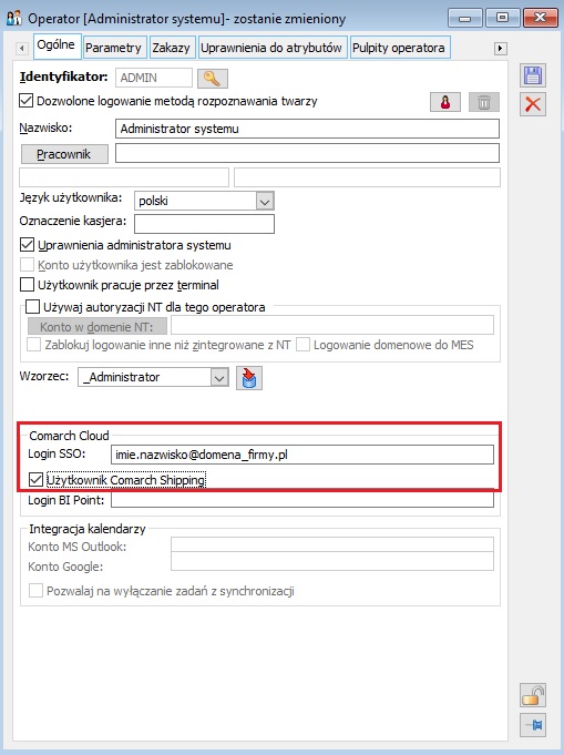 Ustawienia użytkownika Comarch Shipping na karcie operatora