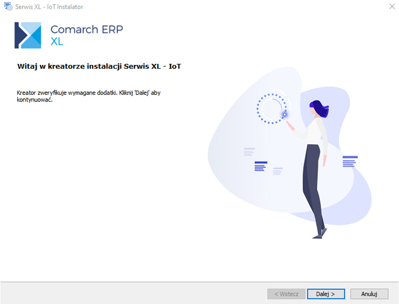 Ekran powitalny instalatora serwisu odpowiedzialnego za komunikację ERP XL – IoT.