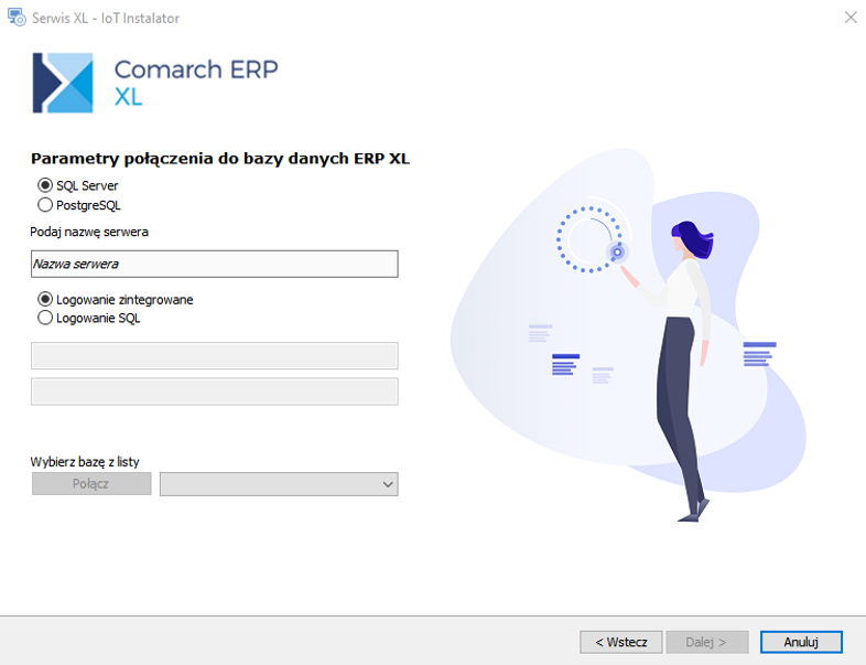 Ekran, w którym należy podać parametry połączenia z bazą danych ERP XL.