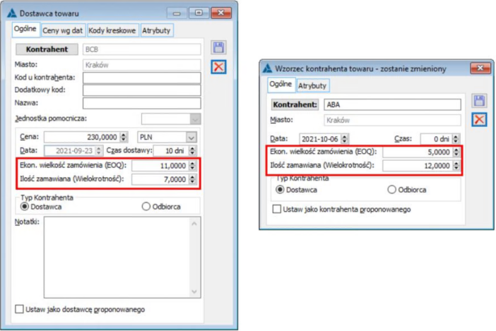 EOQ i Wielokrotność na formatce Dostawcy i Wzoru dostawcy