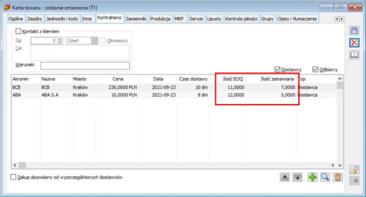 Ilość EOQ i Ilość zamawiana na liście dostawców towaru