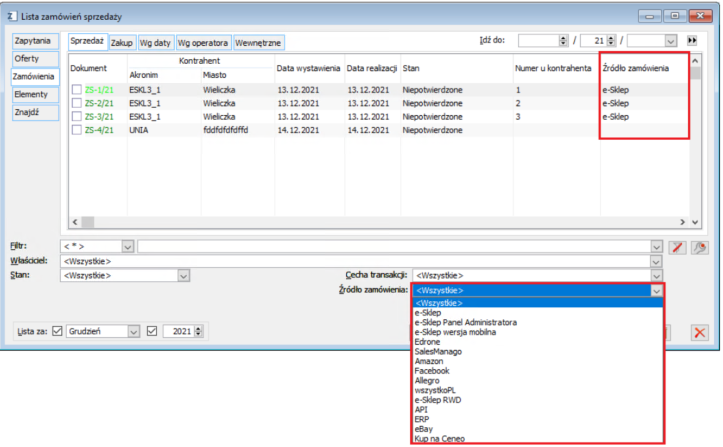 Źródło zamówienia na liście zamówień