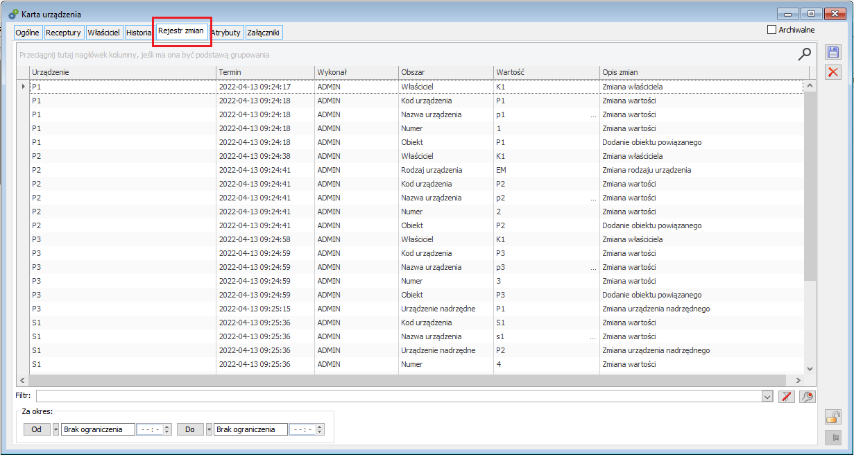 Karta urządzenia serwisowego, zakładka: Rejestr zmian