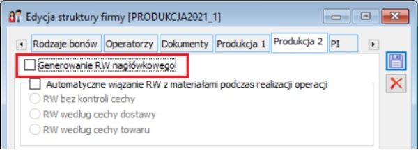 Edycja struktury firmy- parametr umożliwiający generowanie w systemie dokumentu RW nagłówkowego do ZP