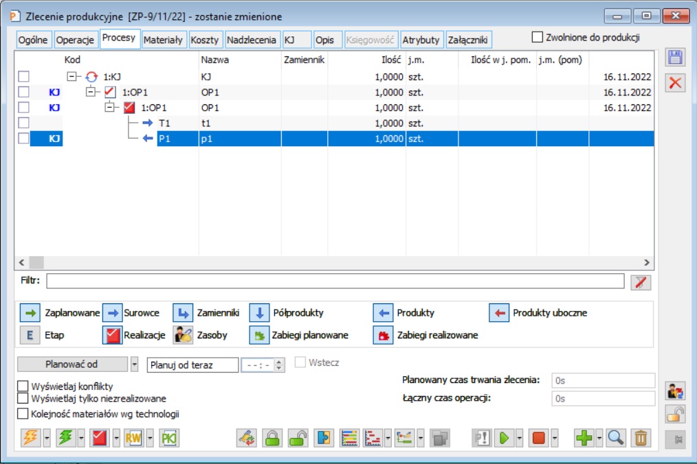 Zlecenie produkcyjne, zakładka: Procesy