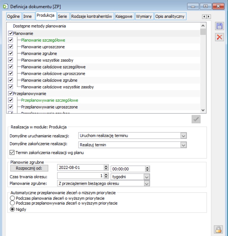 Definicja dokumentu ZP, zakładka Produkcja