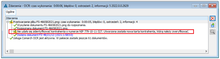 Ostrzeżenie o braku karty kontrahenta i jej założeniu przez System