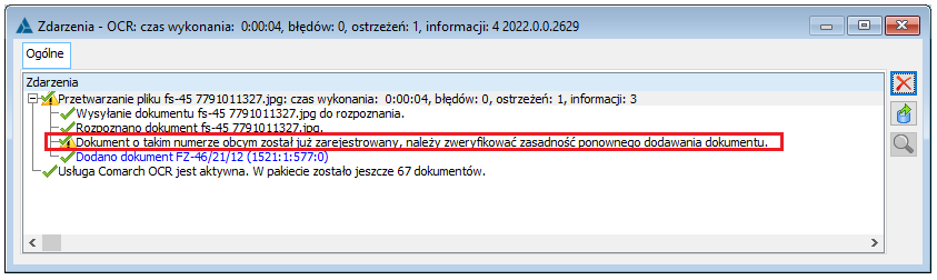 Ostrzeżenie podczas wczytywania faktury o numerze już zarejestrowanym w Systemie