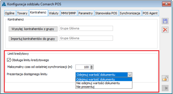 Ustawienie obsługi limitu kredytowego na oknie konfiguracji oddziału Comarch POS