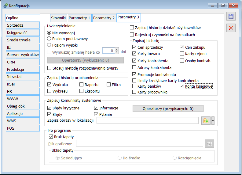 Konfiguracja, zakładka Ogólne/Parametry 3