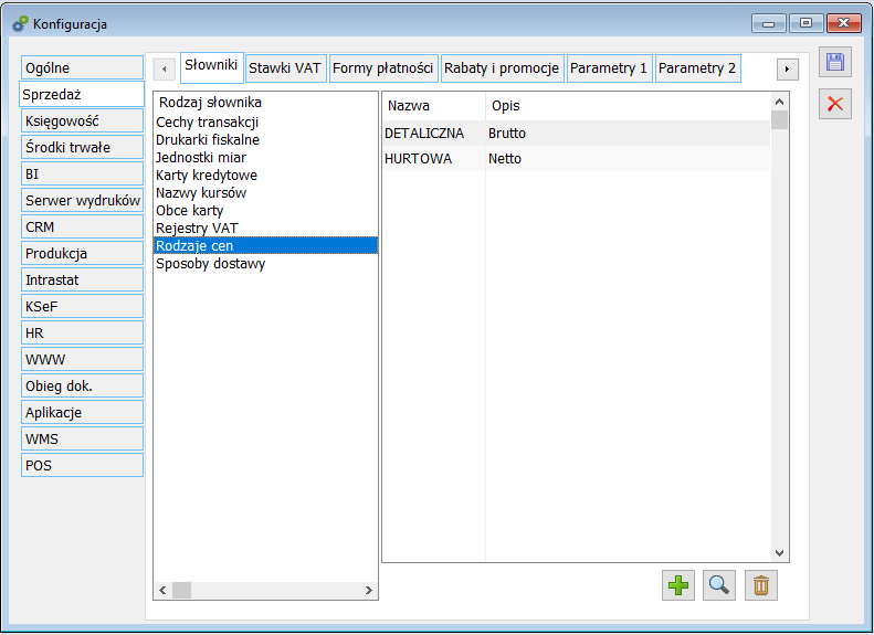 Konfiguracja, zakładka: Sprzedaż/Słowniki