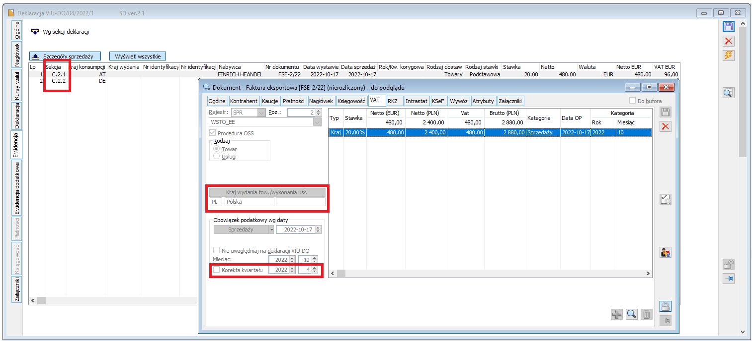 Faktura sprzedaży zakwalifikowana do ujęcia na VIU-DO, w sekcji C.2
