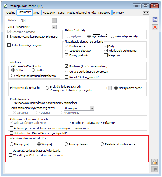 Parametry KSeF na definicji FS