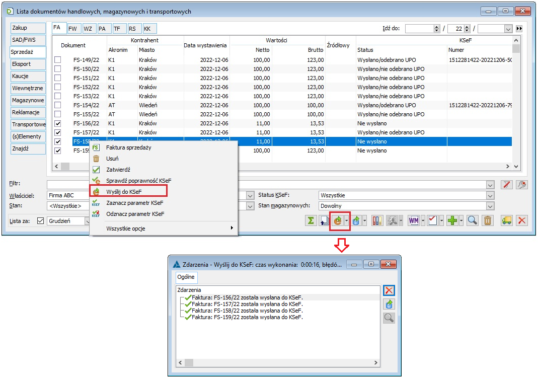 Seryjna wysyłka faktur do KSeF dokonywana z listy dokumentów