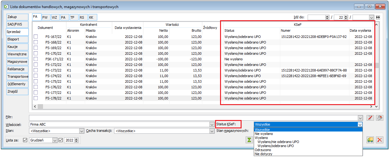 Nowe kolumny i filtr wg Statusu KSeF na liście FS