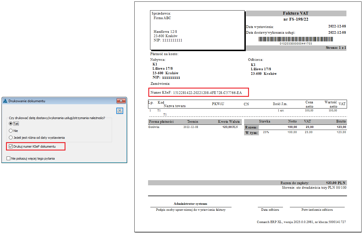 Opcjonalne drukowanie numeru KSeF faktury