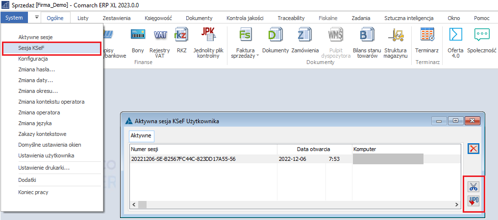 Bieżąca sesja KSeF Użytkownika i opcja jej zamykania/pobierania UPO
