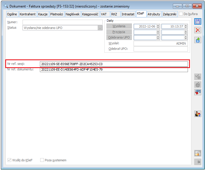 Numer sesji KSeF w ramach której został wysłany dokument